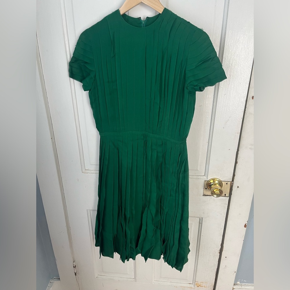 Vintage 1960s designer Norman Noreen Green silk chiffon dress with pleats small